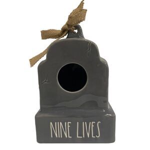 RAE DUNN Nine Lives GREY Tombstone Halloween Holiday Ceramic Birdhouse - DECOR